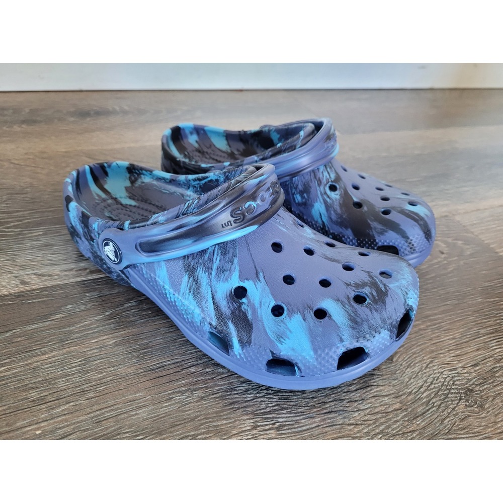 Crocs Classic Marbled Clogs Blue Black Swirl Slip On Shoes J4 Kids NEW